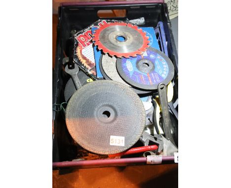 Box of mixed cutting and grinding discs, saws and various tools. Not available for in-house P&amp;P 