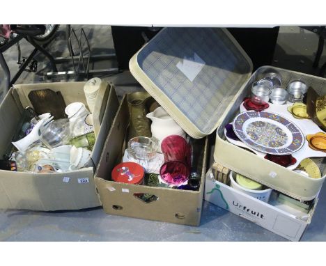 Three boxes and vintage case of mixed items including ceramics and glassware. Not available for in-house P&amp;P 