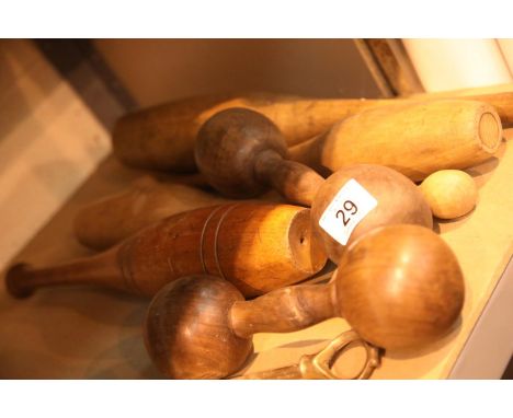 Collection of vintage Indian exercise skittles and dumbells. Not available for in-house P&amp;P. 