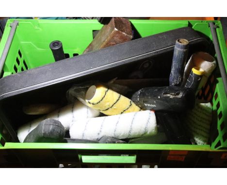 Box containing various tools including box plane, two cordless drills, floats etc. Not available for in-house P&amp;P 