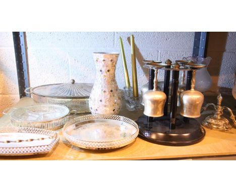 Shelf of mixed glass and metalware including silver plate. Not available for in-house P&amp;P 