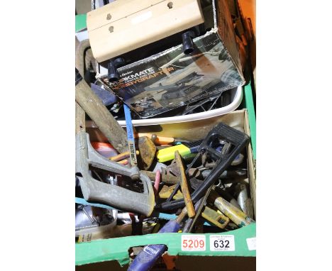 Box of hand tools including Black and Decker multi position vice. Not available for in-house P&amp;P 