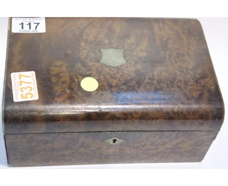 Antique burr walnut work box. P&amp;P Group 2 (£18+VAT for the first lot and £3+VAT for subsequent lots) 