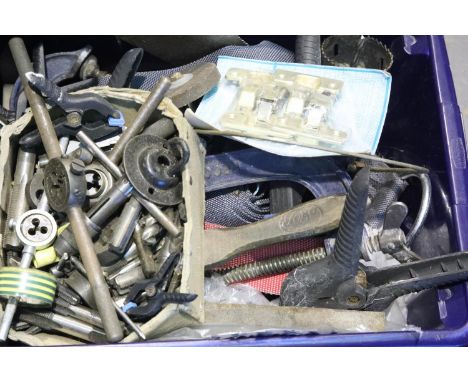 Box of various tools including set squares, ratchet strap, clamps etc. Not available for in-house P&amp;P 