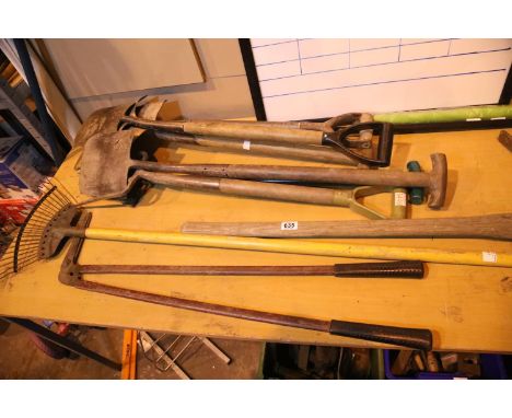 Selection of garden tools including spades, forks, rakes etc. Not available for in-house P&amp;P 