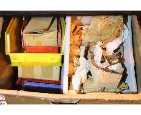 Large box of mixed items including brass effect suitcase, buckles, tools etc. Not available for in-house P&amp;P 