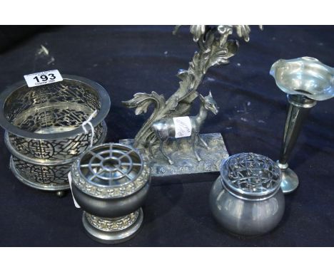 Small quantity of silver plate including ornate candlestick with deer and a white metal Chinese wine coaster. Not available f