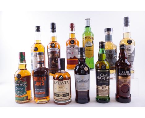 11 BOTTLES BLENDED SCOTCH WHISKY AND 1 INDONESIAN BLENDEDSmokey Jim's Smokey + Peaty Malt; Chivas Regal Extra 13 YO; Ballanti