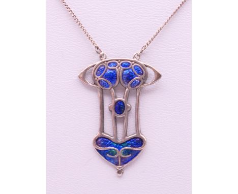 A Charles Horner Art Nouveau silver and enamel pendant necklace. Pendant 3 cm high, chain 46 cm long. 