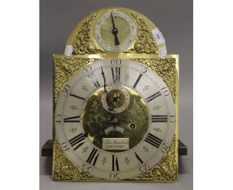 A 19th century longcase clock movement, the dial inscribed for Thomas Stansbury Hereford. 30 cm wide.