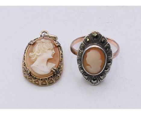 A 9 ct gold and silver cameo ring and a cameo pendant.  Ring size K. Pendant 2 cm high. 