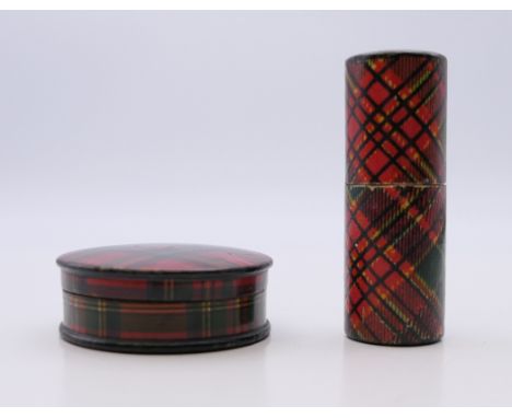 A Tartanware needle box and a Tartanware snuff box. Snuff box 4 cm diameter, needle box 5.5 cm high.
