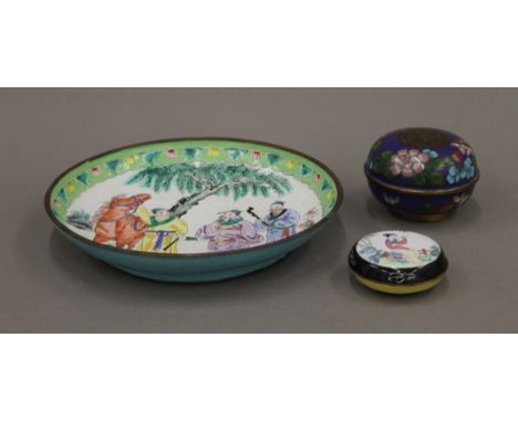 A Chinese Canton enamel saucer dish painted with a horse and rider, and two dignitaries; together with a small circular Canto