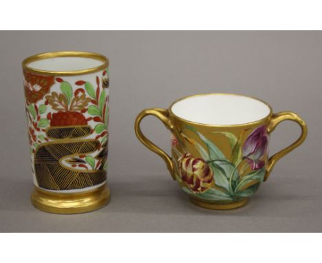 A 19th century Spode Copeland loving cup and a 19th century cylindrical vase. The former 6.5 cm high.