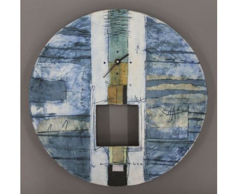 A Studio Pottery wall clock (lacking pendulum). 37.5 cm diameter.