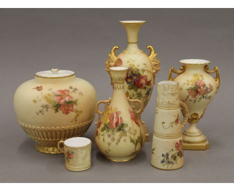 Six pieces of Royal Worcester blush ivory porcelain. The largest 20.5 cm high.