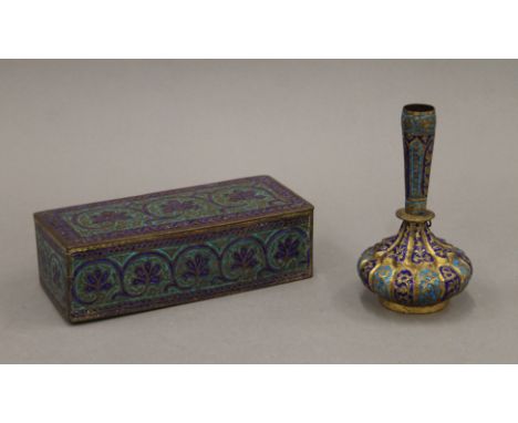 A 19th century Indo-Persian gilt copper and enamel flask, and a similar rectangular box. The latter 18.5 x 8 cm.