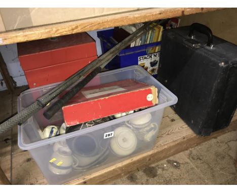 Typewriter, box of china, golf clubs etc.