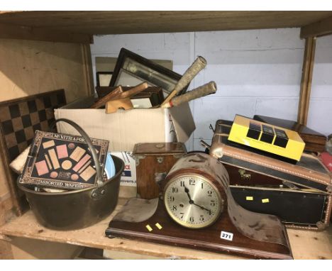 Shelf with brass jam pan, clock etc.