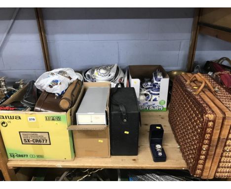 Shelf of Worcester 'Evesham' ware, blue and white china, binoculars, Gents watch etc.