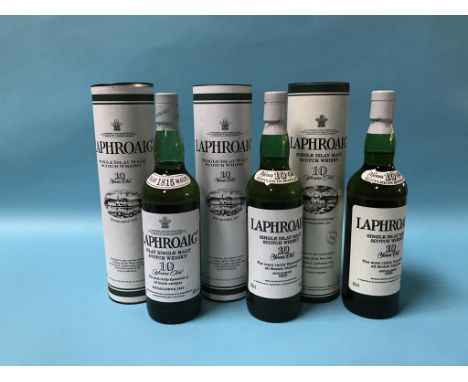 Three bottles of Laphroaig 10 year old Scotch whisky