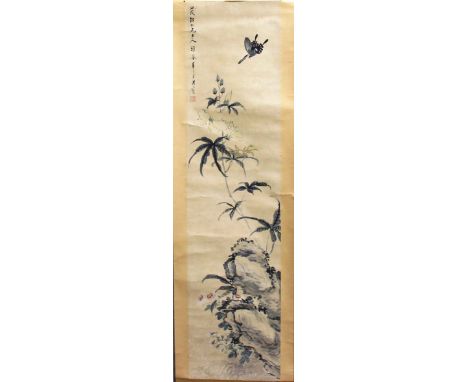 COLLECTION OF SEVEN CHINESE SCROLL PAINTINGS, to include one of two pink lotus flowers, possibly 18th century, a butterfly ab