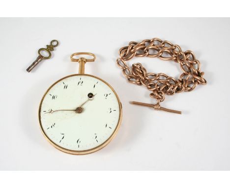 A GOLD OPEN FACED KEY WIND POCKET WATCH the white enamel dial with Arabic numerals, 55mm. dia., together with a watch key and