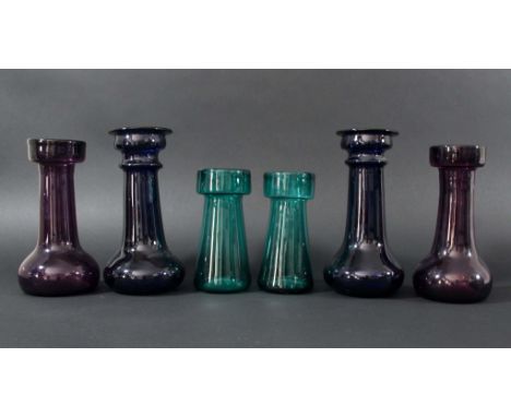 THREE PAIRS OF HYACINTH VASES, to include 'Bristol' blue, amethyst and green, 20cm to 15cm (6)