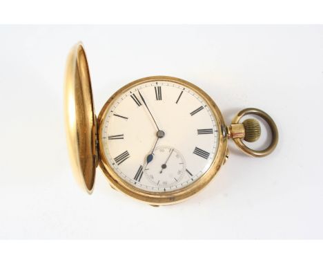 AN 18CT. GOLD FULL HUNTING CASED POCKET WATCH the white enamel dial with Roman numerals and subsidiary seconds dial, with eng