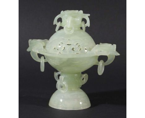 CHINESE PALE GREEN JADE CENSER AND COVER, with dragon head and ring finial and handles on a domed foot, height 16cm