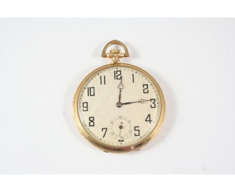 A 9CT. GOLD OPEN FACED POCKET WATCH the chequerboard dial with Arabic numerals and subsidiary seconds dial, with engine turne