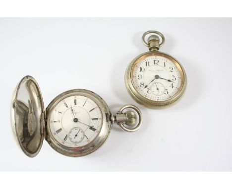 A METAL OPEN FACED POCKET WATCH the white enamel dial signed Hampden Watch Co., Canton, Ohio, with Arabic numerals and subsid