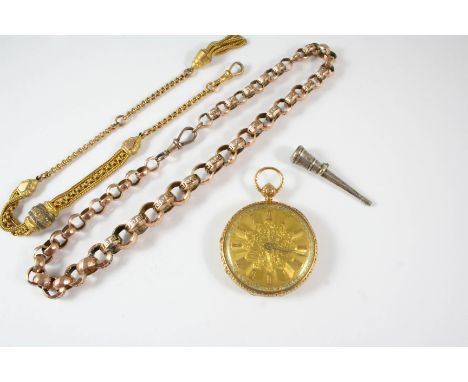 AN 18CT. GOLD ENGLISH OPEN FACED LEVER POCKET WATCH the gold foliate engraved dial with Roman numerals, the movement signed J