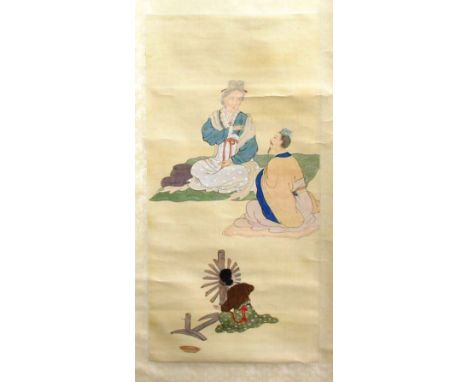 COLLECTION OF FOUR CHINESE SCROLL PAINTINGS, of figural scenes to include a master and pupil with a third figure seated at a 