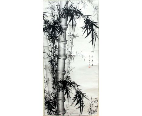 CHINESE SCROLL PAINTING, depicting bamboo stems and foliage, with signature, inscription and red seal, image size 127cm x 61c