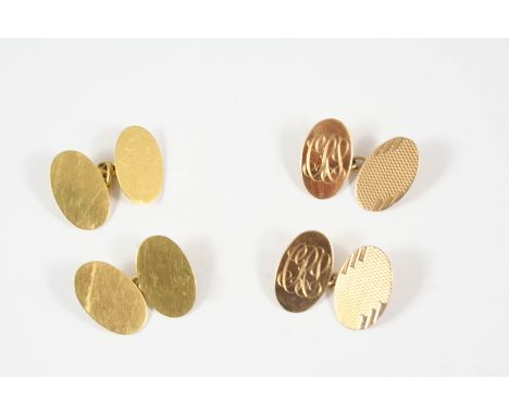 A PAIR OF 18CT. GOLD CUFFLINKS of oval plain form, 7.8 grams, together with a pair of 9ct. gold cufflinks, with engine turned