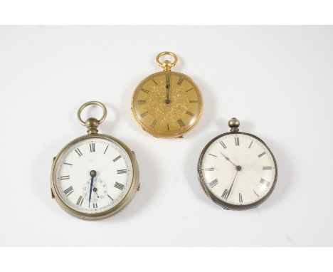 AN 18CT. GOLD OPEN FACED POCKET WATCH the gold foliate engraved dial with Roman numerals, with engine turned and foliate engr