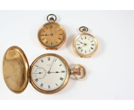 A LADY'S 14CT. GOLD OPEN FACED FOB WATCH the white enamel dial with Roman numerals and foliate gold decoration to the back ca