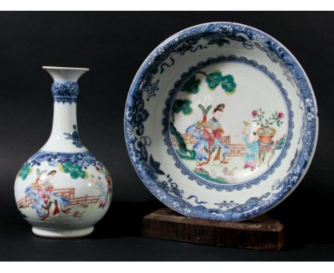 CHINESE FAMILLE ROSE VASE AND BASIN, late 18th or 19th century, enamelled with figures in a garden beneath a blue painted bor