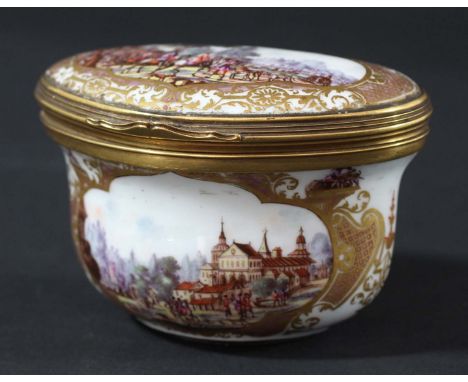 MEISSEN BOMBE SNUFF BOX, probably circa 1760 but the decoration perhaps 19th century, painted inside and out with various lan