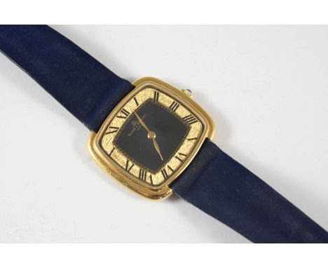 AN 18CT. GOLD MECHANICAL WRISTWATCH BY BAUME &amp; MERCIER the signed navy blue cushion-shaped dial with Roman numerals, numb