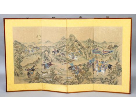 CHINESE FOUR FOLD SCREEN,  painted in watercolours with a hunting party chasing a tiger, wild boar and other animals, on pape