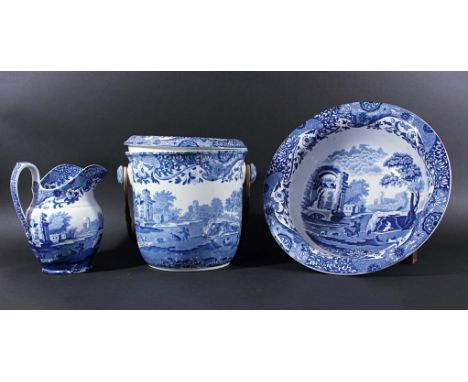 GROUP OF SPODE BLUE ITALIAN TOILET WARES, including a pail, sponge or soap drainer, ewer and basin (6)