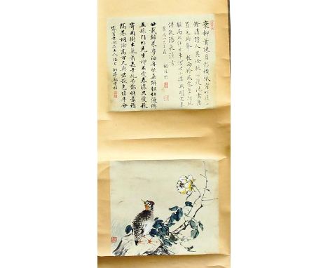 THREE CHINESE SCROLL PAINTINGS, to include two with birds in foliage beneath a poem and another of a white hare in grass (3)