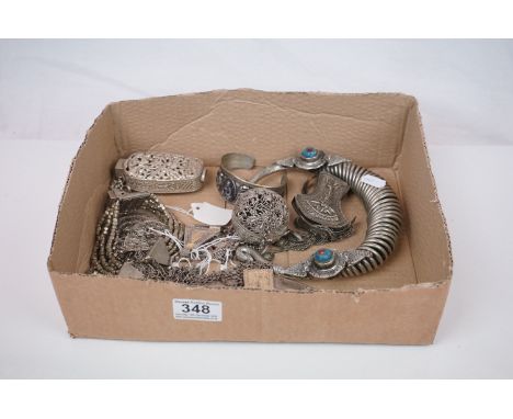 Mixed Lot of Ethnic / Oriental White Metal Jewellery and Trinkets including Torque Necklace, another Necklace, Belt, Torque B