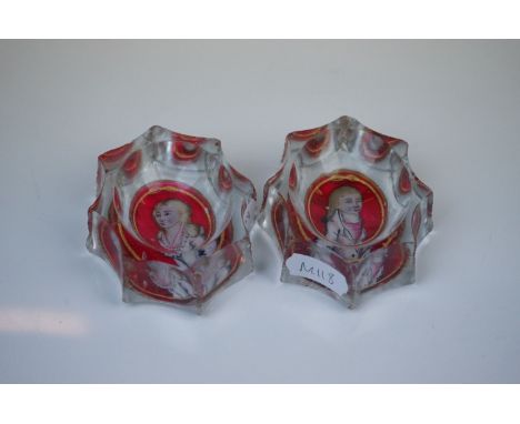 Pair of 19th century Shaped Bohemian Glass Salts / Pin Dishes, the bases reverse handpainted with portraits of a Georgian Gen
