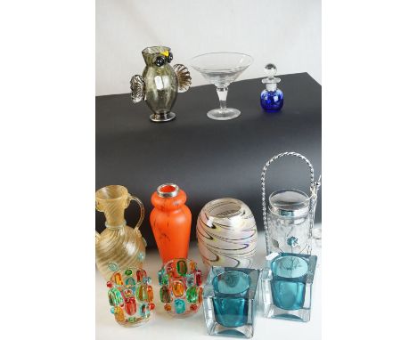 Eleven items of Glassware including a Murano Style Coloured Glass Vase, Studio Glass Vase / Jug in the form of an Owl, 14cms 