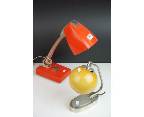 A 1960s/70 red desk lamp of art deco style with dimmer control together with retro lamp with vaseline glass shade. 