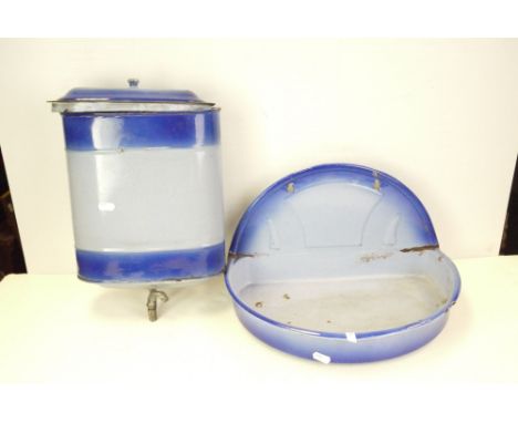A vintage blue enamel metal Continental water drinking fountain in two parts. 