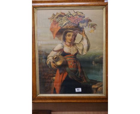 19th century Maple Framed Portrait Print, Continental Farm Girl with basket of fruit 